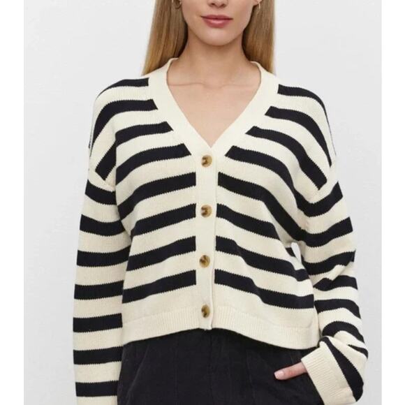 VELVET GRAHAM SPENCER WMNS LARGE ELODIE STRIPE CARDIGAN SWEATER BLACK CREAM NEW - Picture 2 of 14